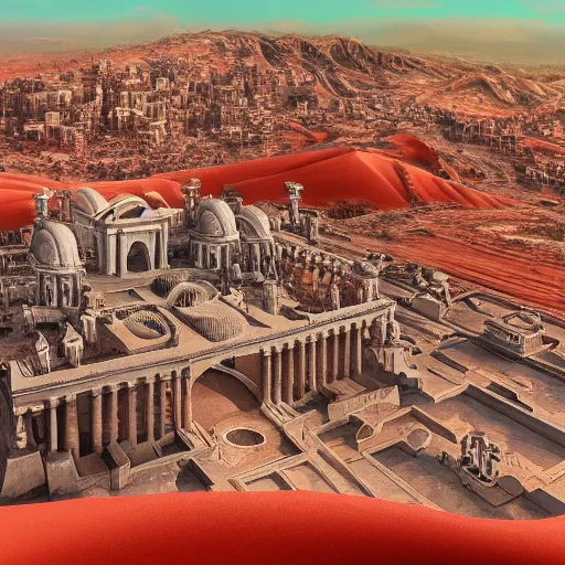 Image similar to Sprawling view of detailed fantasy city with greek architecture and intricate walls surrounded by a red desert; trending on artstation