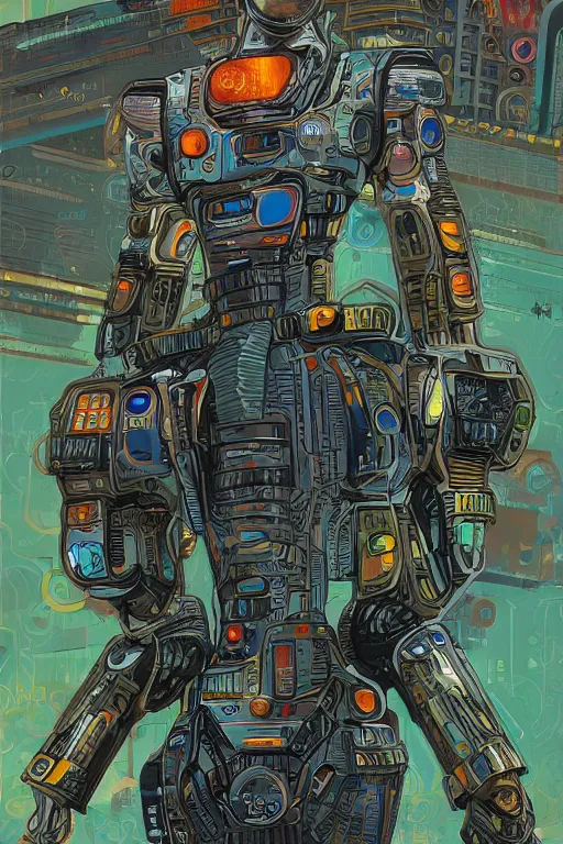 Prompt: post-soviet armored military android on a hyper-maximalist overdetailed retrofuturist scifi bookcover illustration from '70s. Biopunk, solarpunk style.