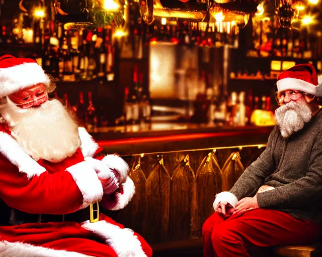 Prompt: santa claus chatting with socrates in a bar, professional photography, nighttime, noir photo, colors, golden lights, calm feeling