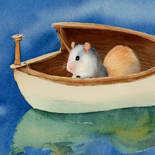 Prompt: a watercolor painting of a hamster in a boat by Beatrix Potter, behance, naive art, watercolor, storybook illustration, photoillustration