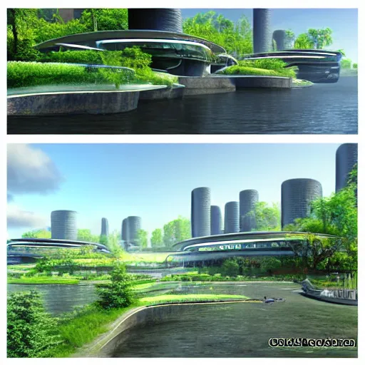 Image similar to scenic view of a futuristic modern utopian eco friendly city