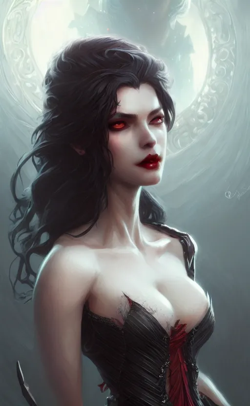 Image similar to desirable Vampire woman, fantasy, intricate, elegant, highly detailed, digital painting, artstation, concept art, matte, sharp focus, illustration, art by artgerm and Greg Rutkowski, dreadjim, zeen chin