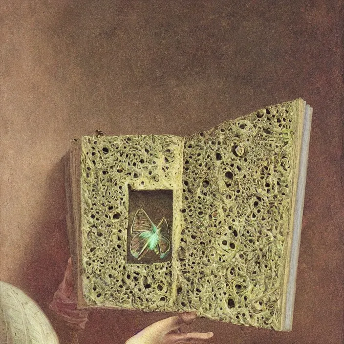 Image similar to a book with overgrown mold, moth. painting by frank sedlacek.