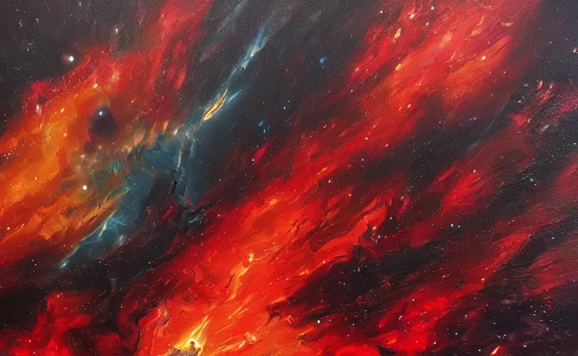 Image similar to an oil painting of a beautiful space nebula, red and black; hyper-detailed; an extraordinary masterpiece!!!; flawless; trending on artstation