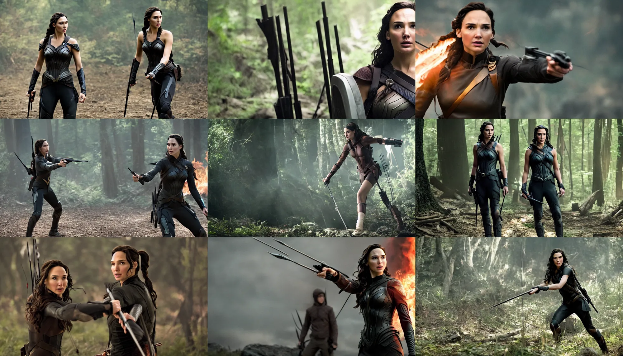 Prompt: film still of gal gadot as katniss, the hunger games, action shot, cinematic, volumetric lighting, color graded