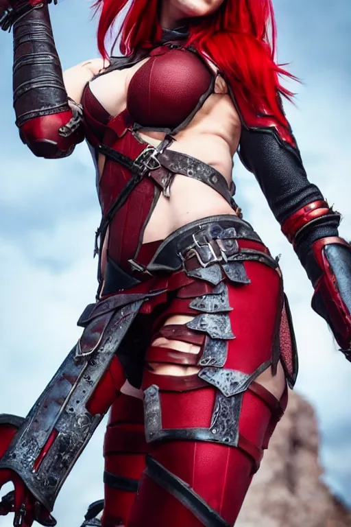 Prompt: Male warrior Katarina, dnd, d&d, leggins, red skintight leather armor, red hair, High-Angle, visible face!, beautiful face!, alluring, toned derriere, high fantasy, realistic!, extremely detailed, octane
