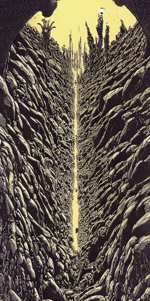 Image similar to hells gates by philippe druillet and gustave dore and much a and moebius