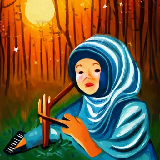 Prompt: a babushka playing drums and in a forest with stars in the sky over her head