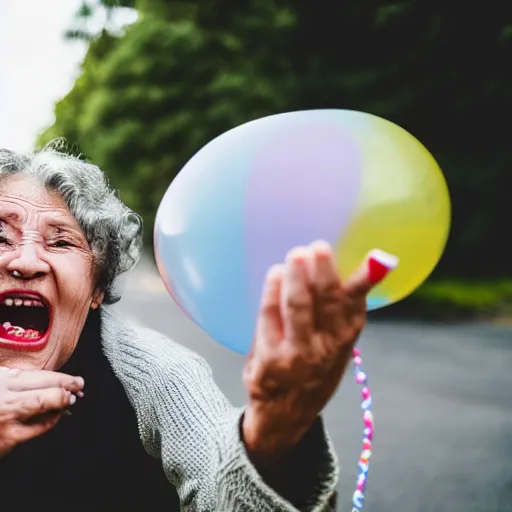 Image similar to elderly woman screaming at a balloon, canon eos r 3, f / 1. 4, iso 2 0 0, 1 / 1 6 0 s, 8 k, raw, unedited, symmetrical balance, wide angle