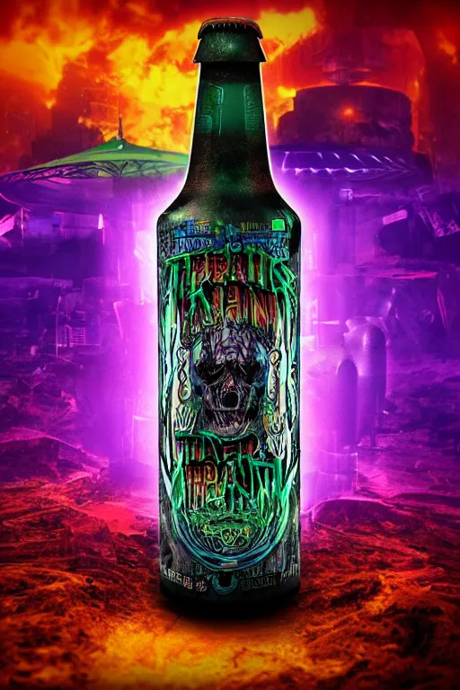 Image similar to photo of a beerbottle, band merchandise, bandname is tripmachine, tourname is invasion of the tripmachines, realistic digital art, label is printed with a 3 d render of a huge futuristic steampunk generator, 8 k, fluorescent colors, halluzinogenic, multicolored, exaggerated detailed, unreal engine