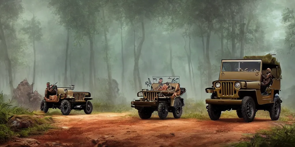 Image similar to british officers riding willys jeep, in kerala forest road in 1921, chasing a culprit, action scene, an epic fantasy, dramatic lighting, cinematic, establishing shot, extremely high detail, photorealistic, cinematic lighting, matte painting, artstation, by simon stalenhag, horizon forbideen west