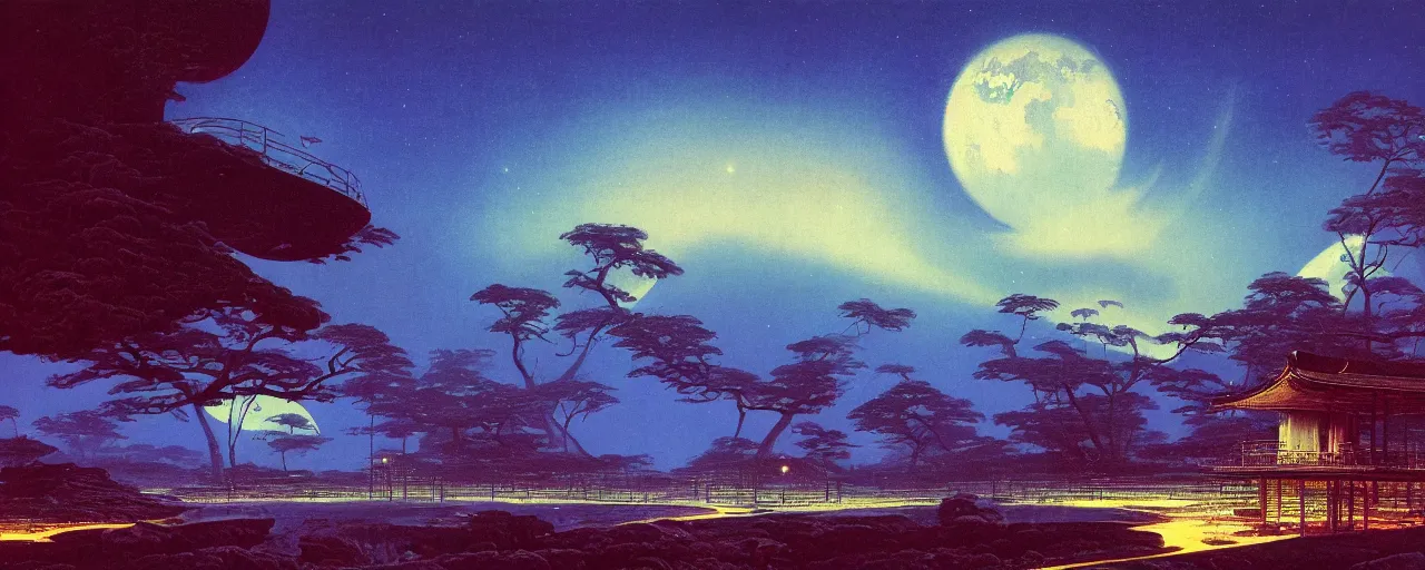 Image similar to awe inspiring bruce pennington landscape, digital art painting of 1 9 6 0 s, japan at night, 4 k, matte