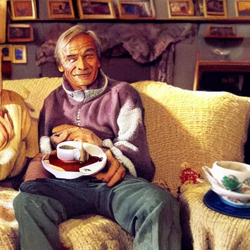 Image similar to terence hill drinking tea with an elderly lady in his mountain cabin, a cute earth pillow is visible in the couch