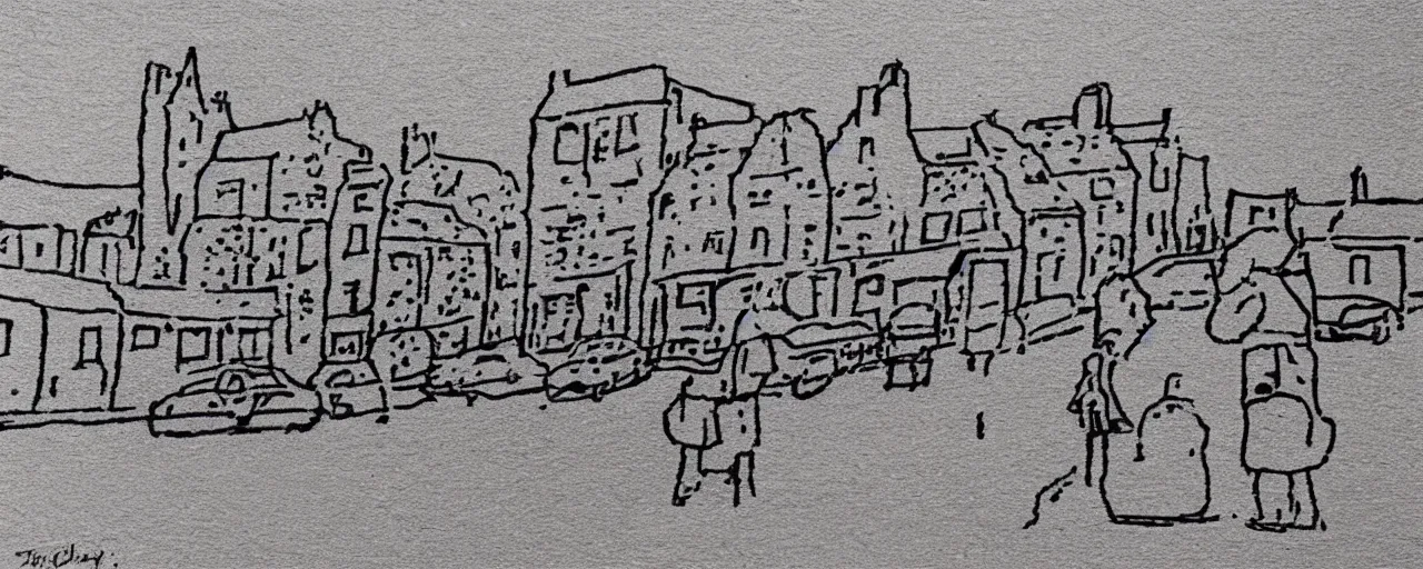 Prompt: a potato print of street life in kirkwall orkney