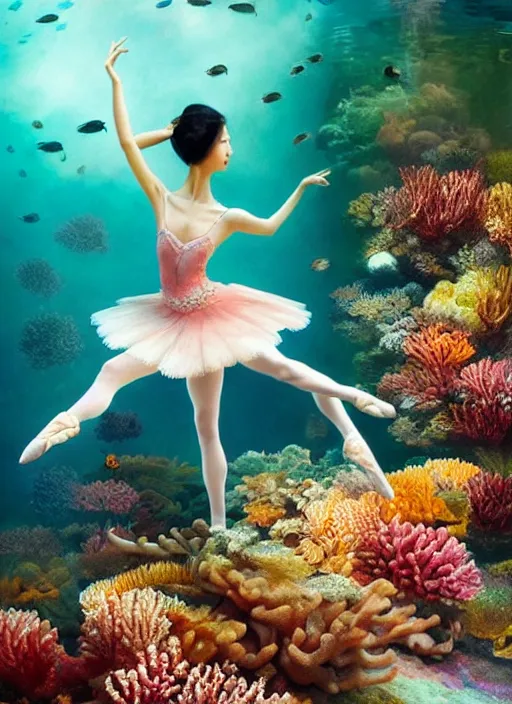 Prompt: stunningly beautiful, asian prima ballerina at the bottom of the great barrier reef, smooth, focus, highly detailed, hyper realistic, dramatic lighting, elegant, intricate, concept art, art by wlop, mars ravelo, greg rutowski