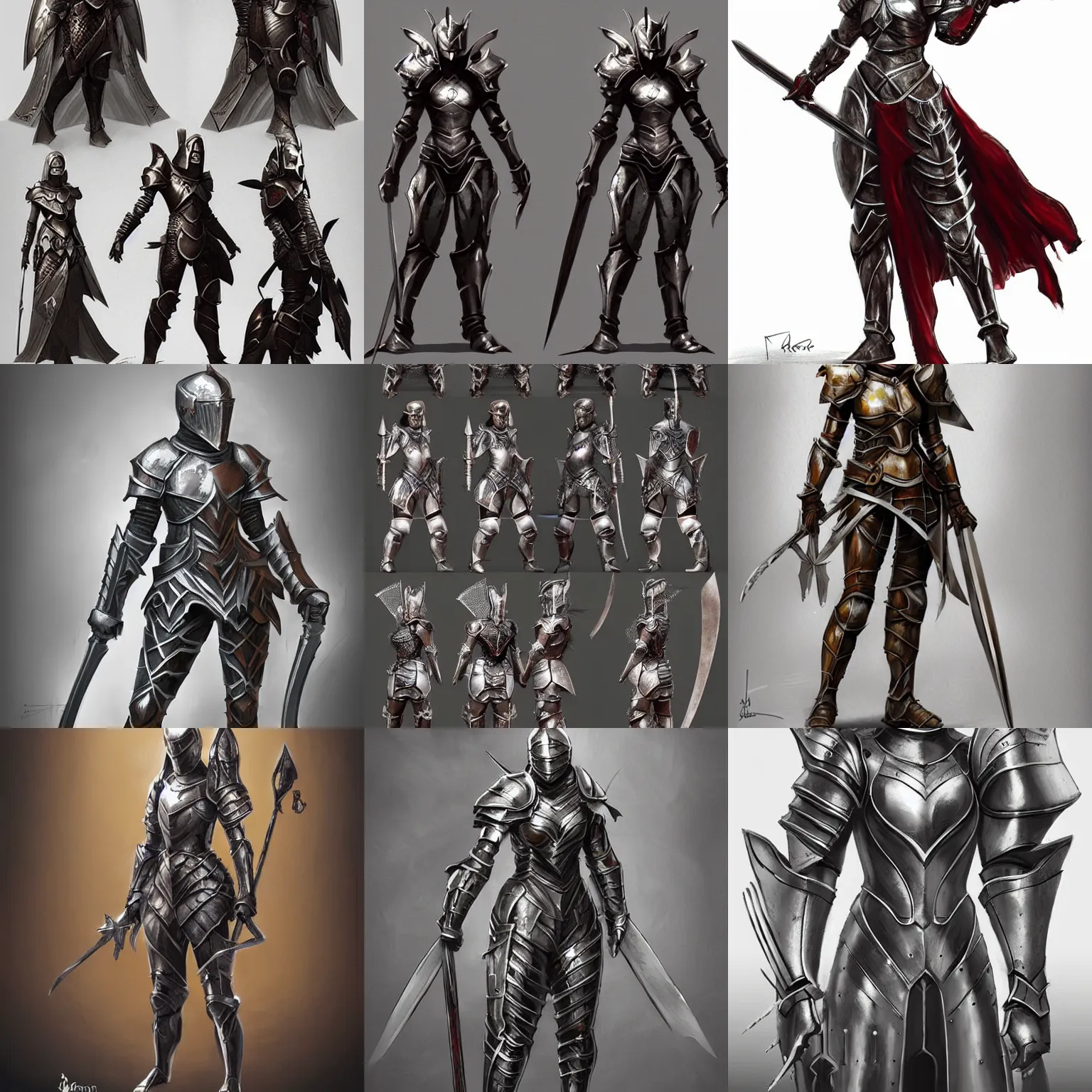Prompt: female knight armor designs, fantasy, artstation, concept art, standing pose, high detailed