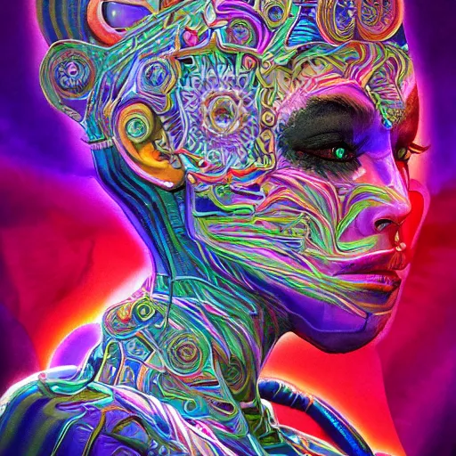 Prompt: extremely psychedelic cyborg queen of lsd. intricate, elegant, highly detailed, photorealistic digital painting, artstation.