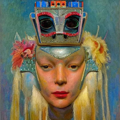 Prompt: the robot in her bejeweled bird mask, by Annie Swynnerton and Diego Rivera, symbolist, dramatic lighting, elaborate geometric ornament, Art Deco,god rays, soft cool colors,smooth, sharp focus, extremely detailed, Adolf Wölfli