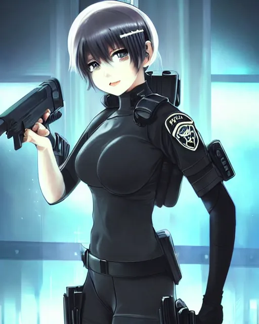 Image similar to 2 b, anime key visual of a young female swat officer, neon, cyberpunk, futuristic, white outfit, black swat vest, swat helmet, holding pdw, stunning, highly detailed, digital painting, smooth, soft focus, illustration, poster, japanese typography, digital art from artstation by artgerm and greg rutkowski and alphonse mucha