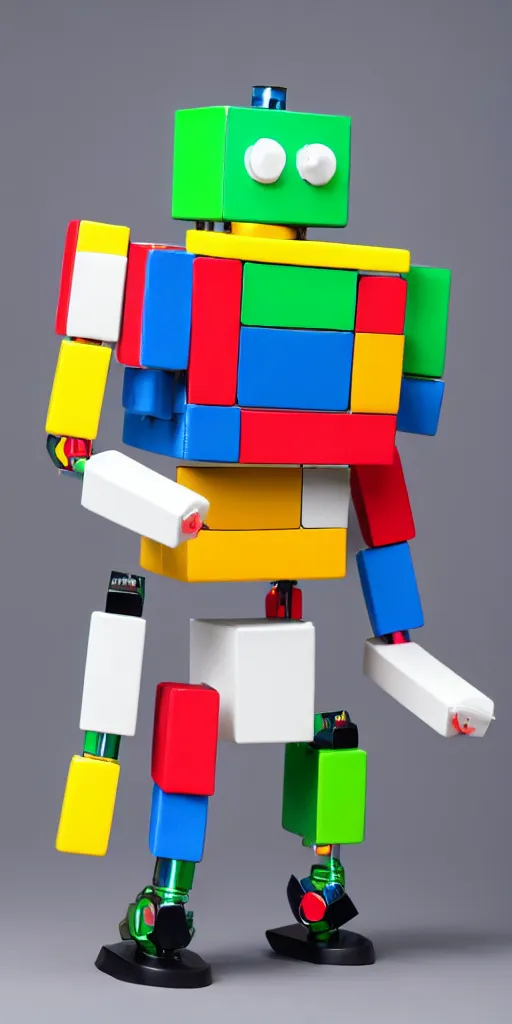 Prompt: A colorful boxy toy robot designed in a 1960s retro sci-fi style equipped with built in machine guns, studio photo white background