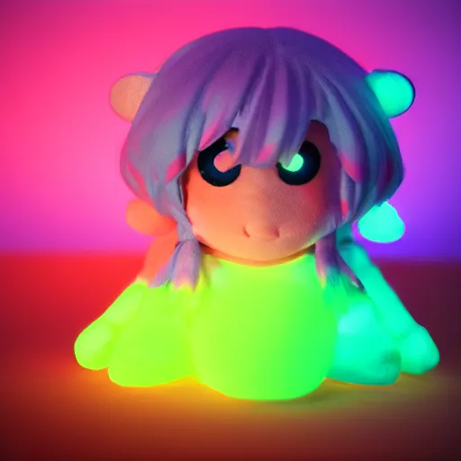 Image similar to cute fumo plush girl from a dark cave which is photoluminescent, jelly glow, neon lens flare, vray