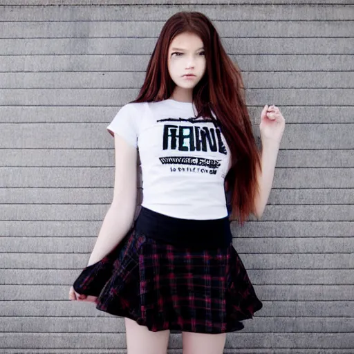 Prompt: female model teenage emo photography plaid skirt band shirt beautiful face