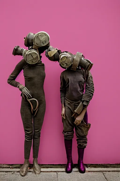 Image similar to a surreal portrait of intertwined and contorted figures wearing gas mask next to a pink wall in the style of brooke didonato, editorial fashion photography from vogue magazine, full shot, nikon d 8 1 0, ƒ / 2. 5, focal length : 8 5. 0 mm, exposure time : 1 / 8 0 0, iso : 2 0 0