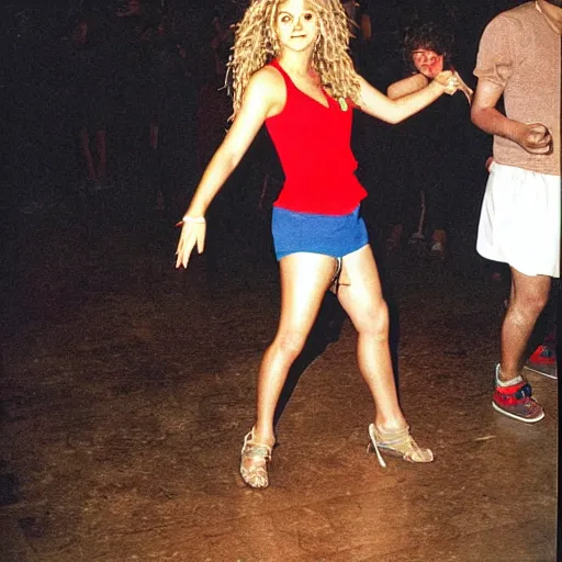 Image similar to Shakira dancing the cookie monster dance, in a nightclub, 1990 photograph