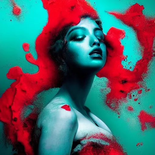 Prompt: beautiful women made out of crimson, black, and aqua colored liquid swirling by alberto seveso, colorful, vibrant