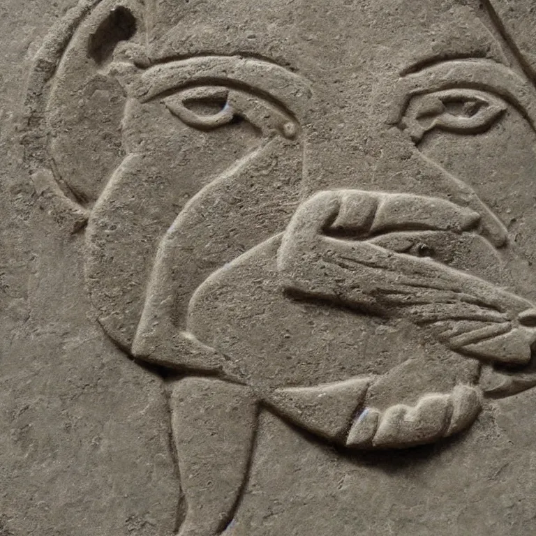 Prompt: ancient Babylonian stone bas relief of a shiba-inu's face