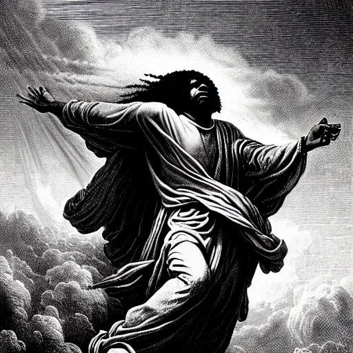 Prompt: cheef keef ascending into heaven holding cough syrup, biblical image, style of gustave dore, highly detailed, beautiful, high contrast, black and white