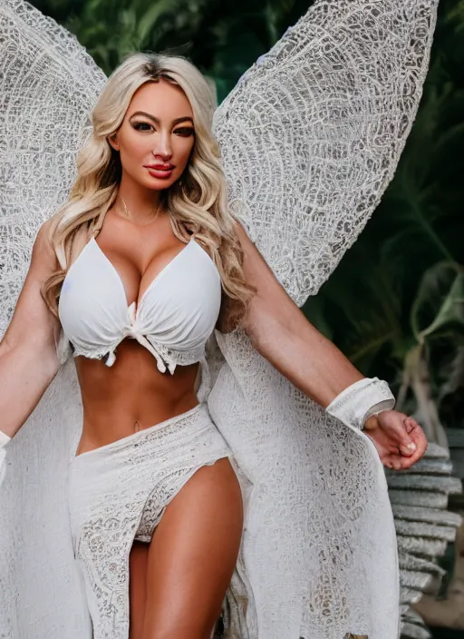 Image similar to portrait of lindsey pelas wearing white kebaya in bali, by charlotte grimm, natural light, detailed face, canon eos c 3 0 0, ƒ 1. 8, 3 5 mm, 8 k, medium - format print, traditional, full body shot