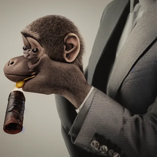 Image similar to a high detail closeup shot of a depressed monkey wearing a suit and smoking a cigar