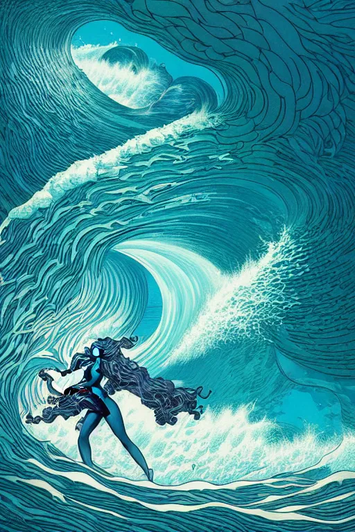 Image similar to a sea witch summoning a giant wave by dan mumford and karol bak and john harris and fritz willis and victo ngai, highly detailed, photorealism, hyperrealistic