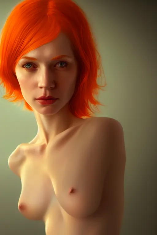 Image similar to Portrait of a beautiful pale skin Nordic female with short orange hair, elegant, photorealistic, highly detailed, artstation, smooth, sharp focus, gold ornaments, neon lighting, sci-fi, art by Klimt.