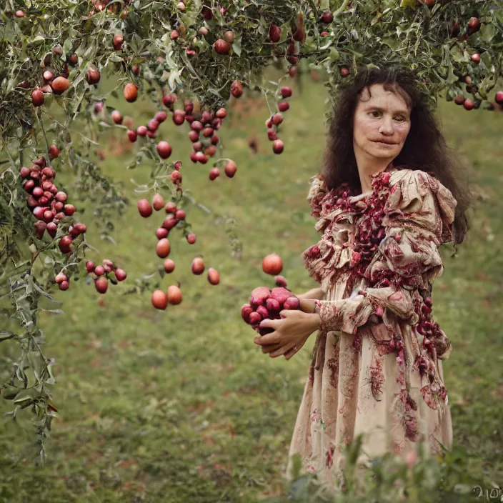 Image similar to a closeup portrait of a woman wearing a dress made of tangled twine and ribbon, picking pomegranates from a tree in an orchard, foggy, moody, photograph, by vincent desiderio, canon eos c 3 0 0, ƒ 1. 8, 3 5 mm, 8 k, medium - format print