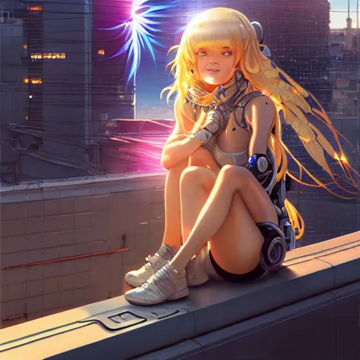 Image similar to beautiful cyborg - angel girl sitting on rooftop overlooking a floating city, long curly blonde hair, golden watery eyes, full round face, big smile, biomechanical details, digital cyberpunk anime art, full body shot, reflections, lens flare, rainfall, wlop, ilya kuvshinov, artgerm, krenz cushart, greg rutkowski