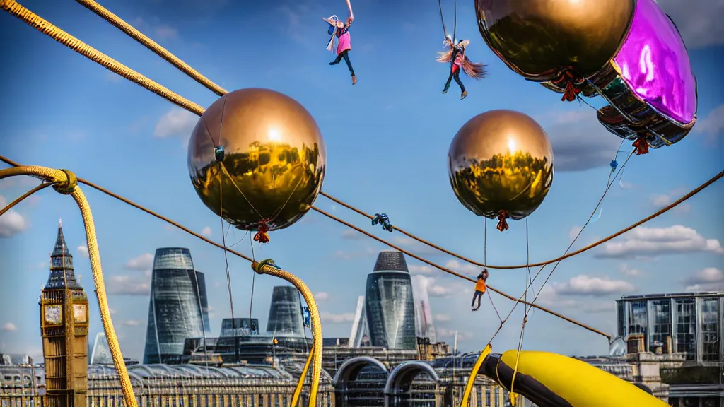 Prompt: large colorful futuristic space age metallic steampunk balloons with pipework and electrical wiring around the outside, and people on rope swings underneath, flying high over the beautiful london city landscape, professional photography, 8 0 mm telephoto lens, realistic, detailed, photorealistic, photojournalism