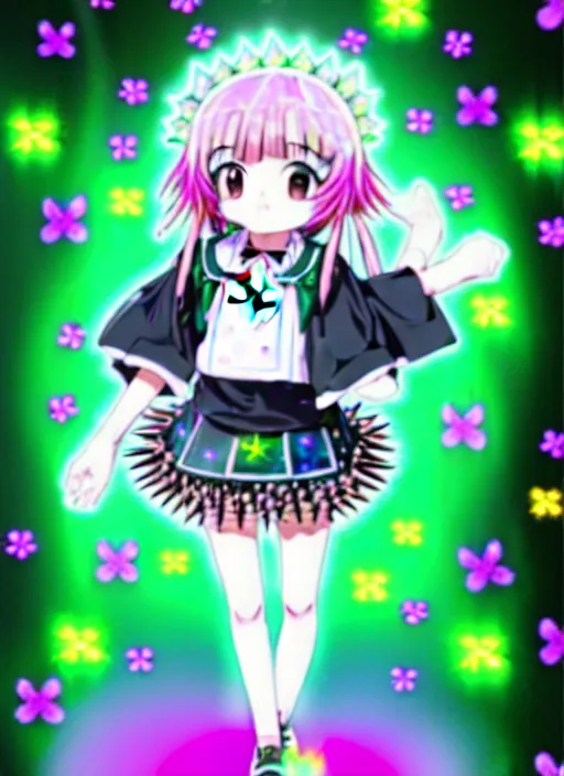 Image similar to a hologram of moe styled green haired yotsuba koiwai crossed fingers, wearing a gothic lolita decora spiked jacket, background full of lucky clovers and shinning stars, holography, irridescent