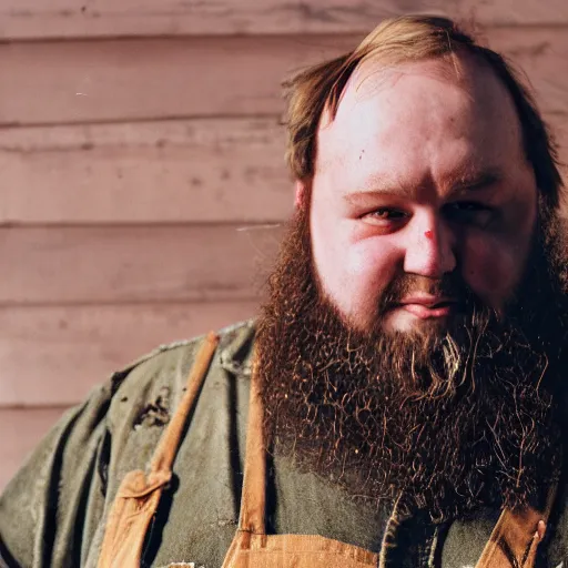 Prompt: obese redneck man with long beard wearing dirty and tattered overalls shirt, close up, kodak gold 2 0 0,