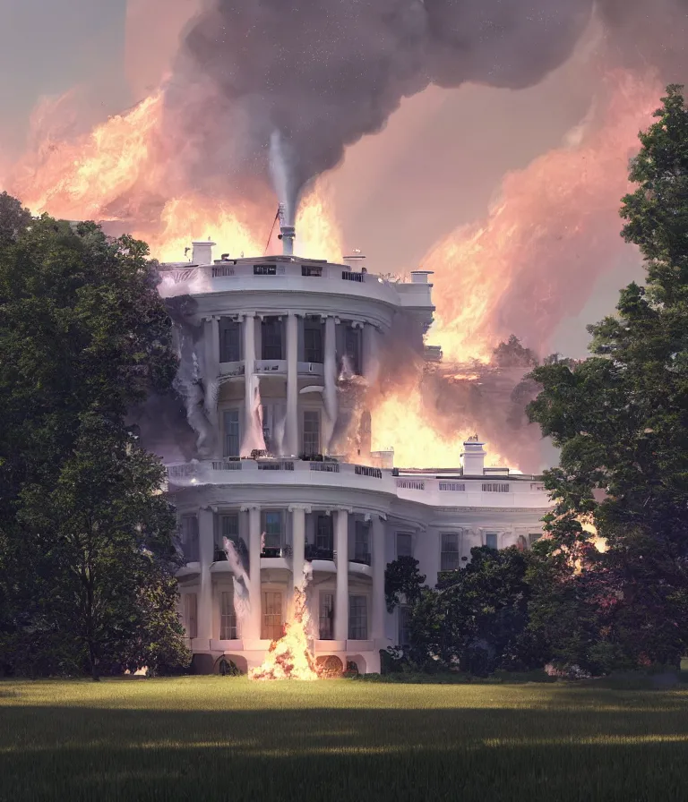 Prompt: a beautiful hyperrealistic detailed 3D render of the white house burning, by Anton Otto Fischer, Atey Ghailan, genzoman, unreal engine, octane render, gigantic, 3D, brilliantly coloured, intricate, ultra wide angle, trending on artstation, embers, smoke, dust, dusk, volumetric lighting, HDR, polished, micro details, ray tracing, 8k