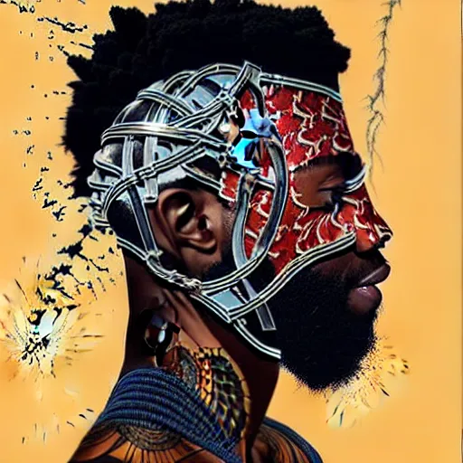 Image similar to a portrait of a black man with side profile blood in ocean intricate details :: side profile :: futuristic mask :: by vikings and Sandra Chevrier