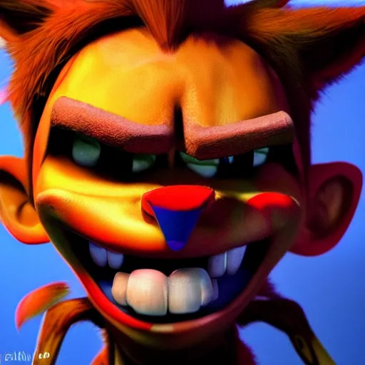 Image similar to crash bandicoot creepy hyperrealistic looking at the camera, artstation, dark, scary, showing teeth, bloodshot eyes, trending