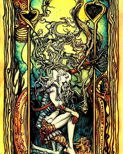 Prompt: tarot card, very detailed painting, illustration, colorful, tarot card ornate frame with roman numerals, in style of Arthur Rackham