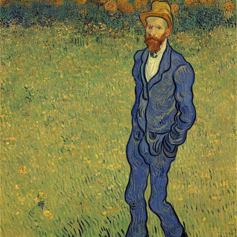 Prompt: Portrait of a drunk man in a cemetery full of flowers. Joy of Life. Painting by Vincent van Gogh.