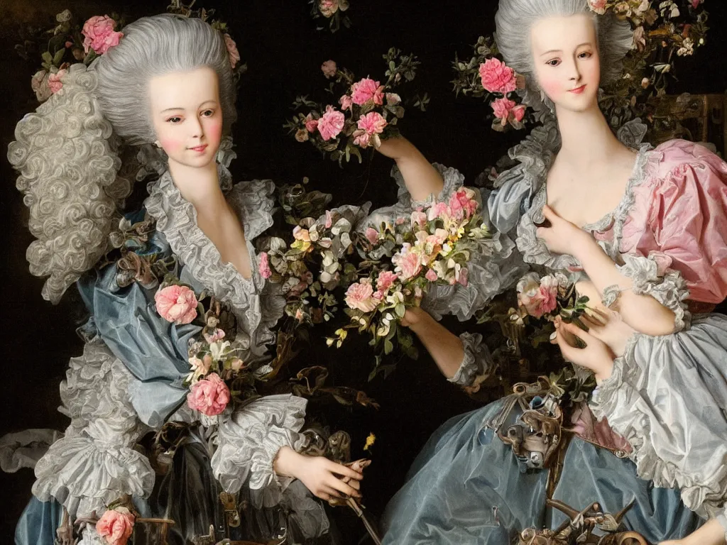 Image similar to robotic mechanic parts marie antoinette beautiful young woman with baroque wig with flowers