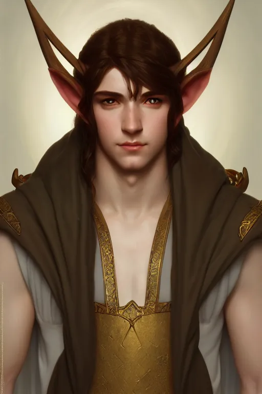 Prompt: a portrait of a fantasy male elf, bored, illustration, soft lighting, soft details, painting oil on canvas by Edmund Blair Leighton and Charlie Bowater octane render trending on artstation d&d characters, 4k, 8k, HD
