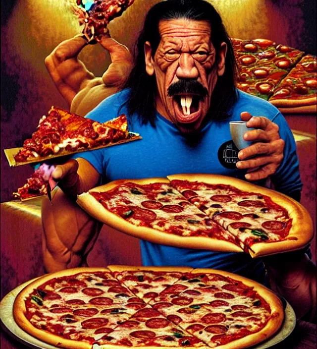 Prompt: derpy looking danny trejo eating greasy pizza, pizza is everywhere, weird, strange, bizarre, surreal, epic composition, 2 0 0 mm focal length, donato giancola, tim hildebrandt, wayne barlow, bruce pennington, larry elmore