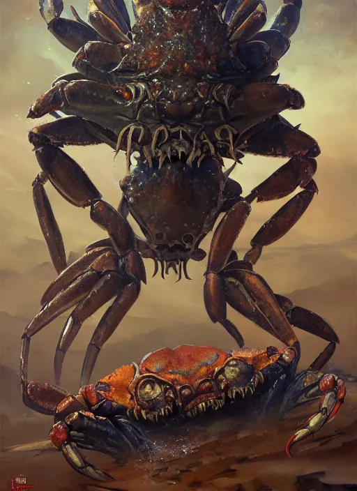 Image similar to Oil painting of a crab monster, portrait, D&D, Magic The Gathering, by Craig Mullins, Nekro, Victo Ngai, centered, symmetrical, 8k, sharp focus