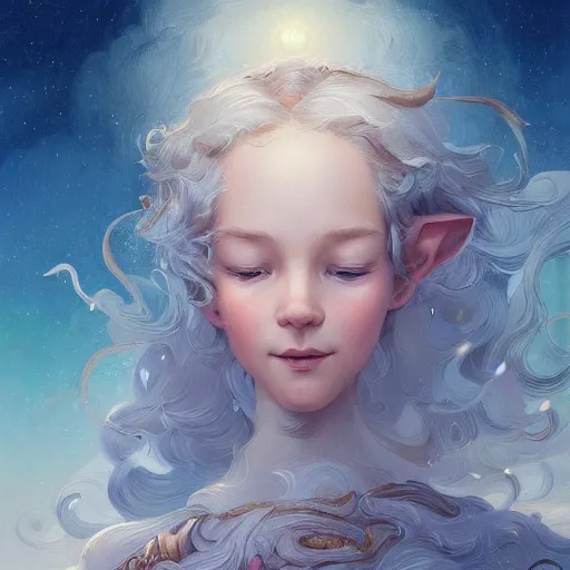 Prompt: harmony of swirly clouds, cute elven girl wearing the clouds as a dress, early morning sky with stars, highly detailed face, digital painting, by wlop, james jean, victo ngai! muted colors, highly detailed, fantasy art by craig mullins, thomas kinkade